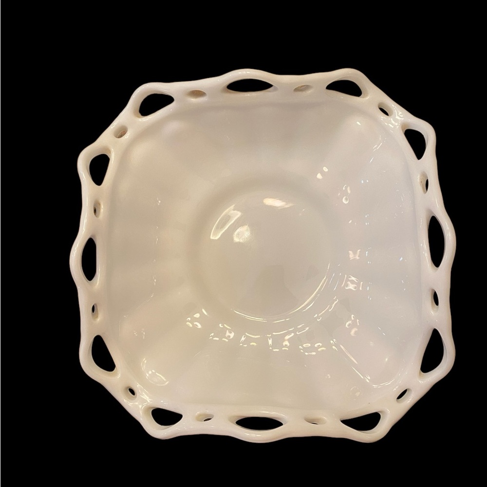 Vintage Fostoria Milk Glass Colonial Prism Open Lace Folded Fruit Bowl 12"
